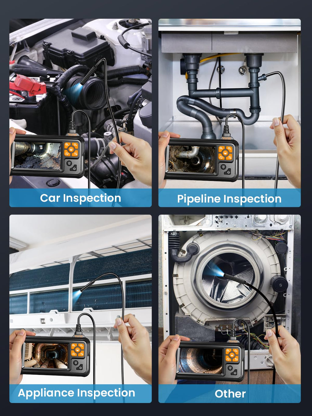 Vorth Endoscope Camera with Light, 4.3" IPS Screen 1080P Borescope with 8 LED Lights, Semi-Rigid Cable Snake Camera, IP67 Waterproof Sewer Inspection Men Tool - 16.5FT-Single Lens