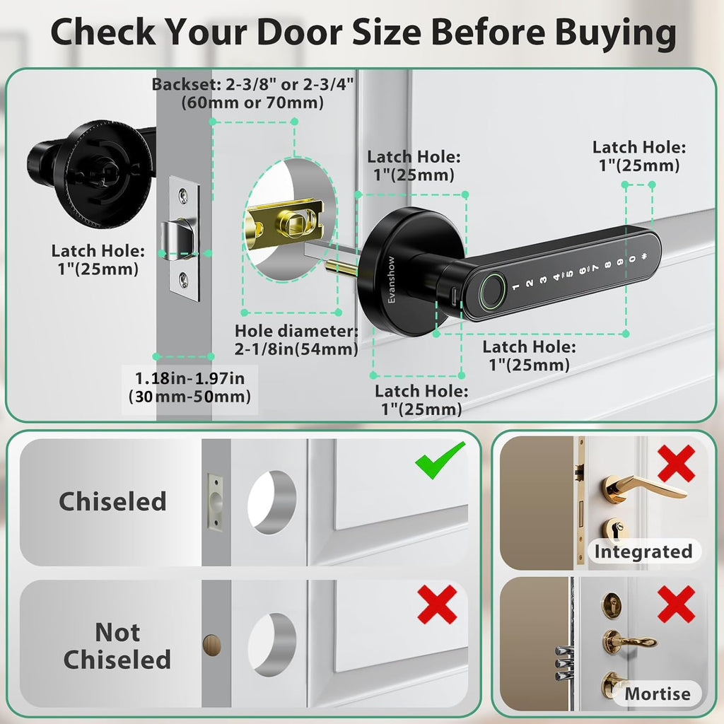 Evanshow Fingerprint Door Lock Biometric Door Knob with Keypad Keyless Entry, Door Locks for Bedrooms, Home Hotel Office Apartment Black
