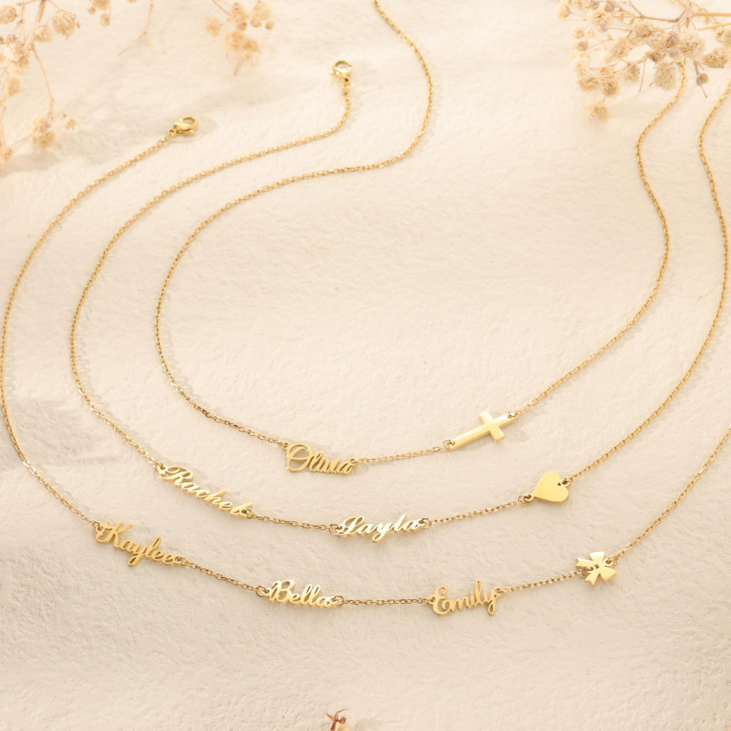 Elemtansy Custom Name Necklace with 1-3 Tiny Names - 18K Gold-Plated Family Necklace Personalized with Heart, Cross, Paw Print - Birthday Jewelry Gifts for Mom, Wife (2 Tiny Names + Symbol)