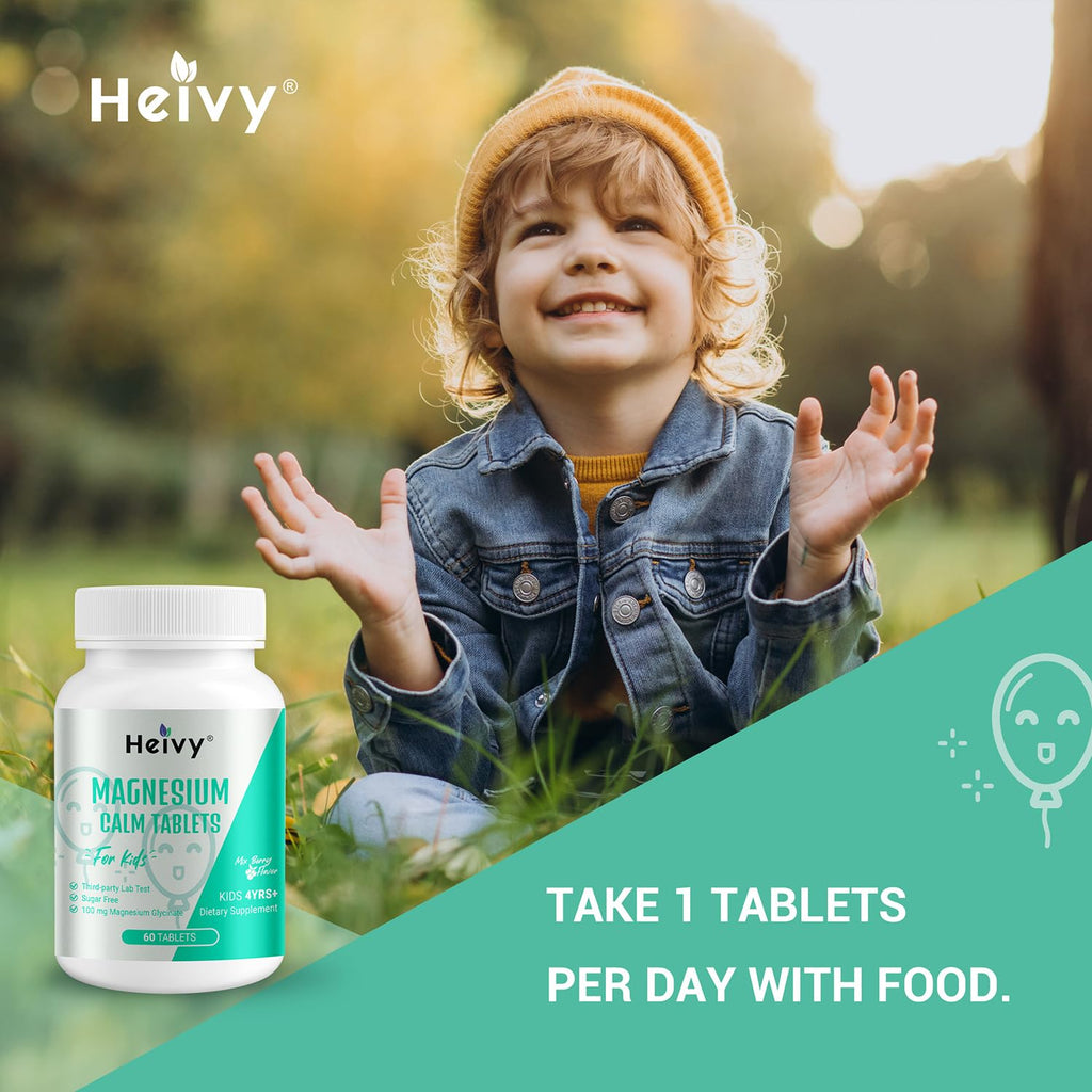Heivy Kids Calming Supplement, Contains Magnesium Glycinate & Vitamin B6, Support Calm & Relax, Calm Mind and Body, Berry Flavor for Age 4+ (60 Servings), Vegan, Gluten-Free, Made in USA