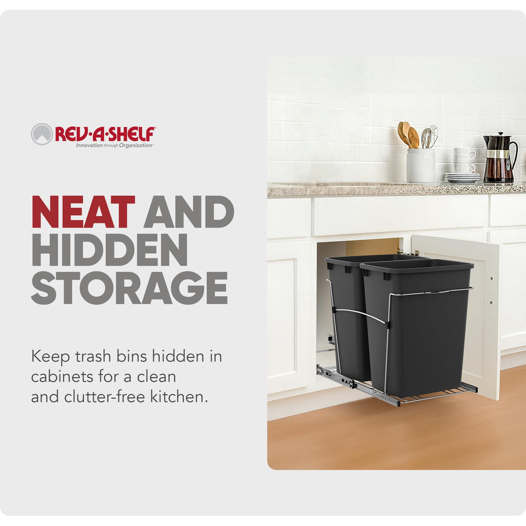 Rev-A-Shelf Double 35 Qt Pullout Trash Can for Base Kitchen Cabinets, Garbage Waste Bin System with Full-Extension Slides, Min Opening Width of 14.5", Black, RV-18KD-18C S