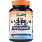 Vitalibre 15 in 1 Magnesium Complex Supplement 510mg | Maximum Absorption Glycinate, Malate, Taurate, Citrate and More for Bones, Heart, Recovery, Energy | Non-GMO, 240 Capsules