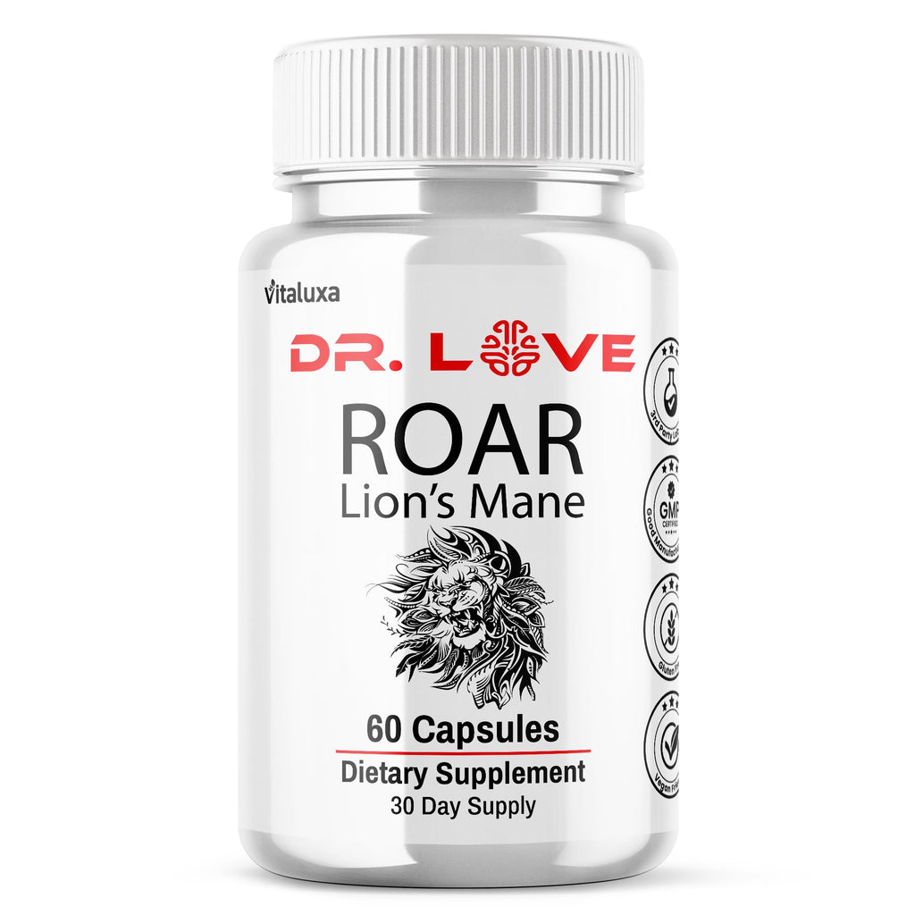 Dr. Love Roar Lions Mane Supplement Capsules, Dr.Love Roar Lion’s Mane Plus Pills Brain and Focus Premium Advanced Official Formula, Doctor Love All Natural Support Pills, Made in USA (60 Capsules)