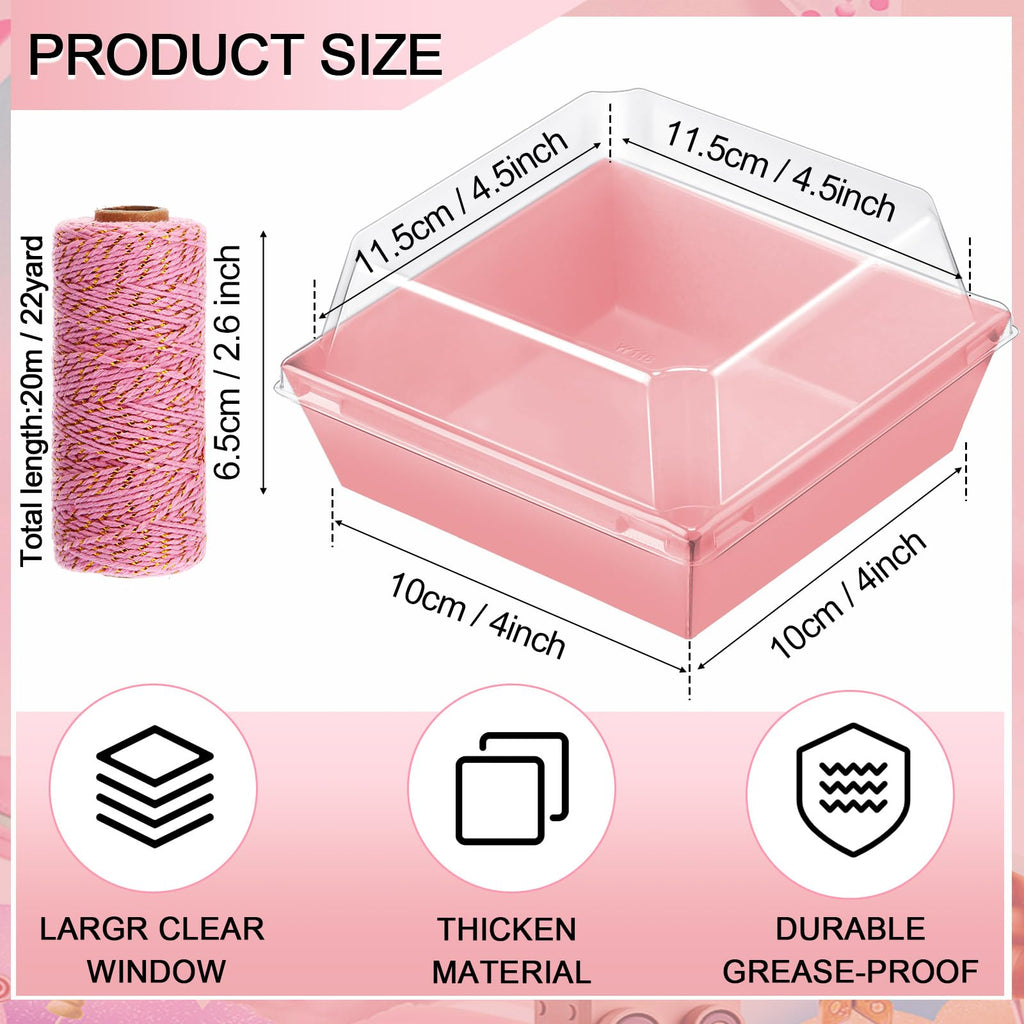 Jetec 50 Pack Charcuterie Boxes with Clear Lids and Rope 4 Inches Cake Disposable Square Dessert Food Box Containers with Lids for Bakery Macaron Cookies Strawberries Fruits Display (Pink)