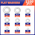 1100 Pcs Flat Washers Assortment Kit – 304 Stainless Steel, 9 Metric Sizes (M2–M12), Metal Washers for Screws and Bolts – Ideal for Automotive, Construction, Industrial, and DIY Use