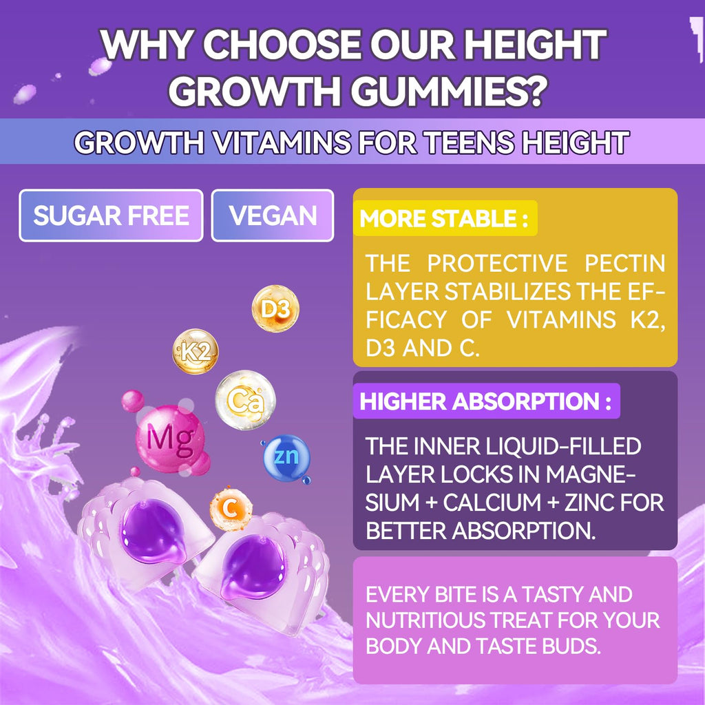 Crasye Height Growth Gummies for Kids & Teens - Calcium, Vitamin D3 + K2, Zinc, Magnesium, L-Arginine - Teen Multivitamin Gummies for Children Bone Strength and Immunity - 60 Gummies