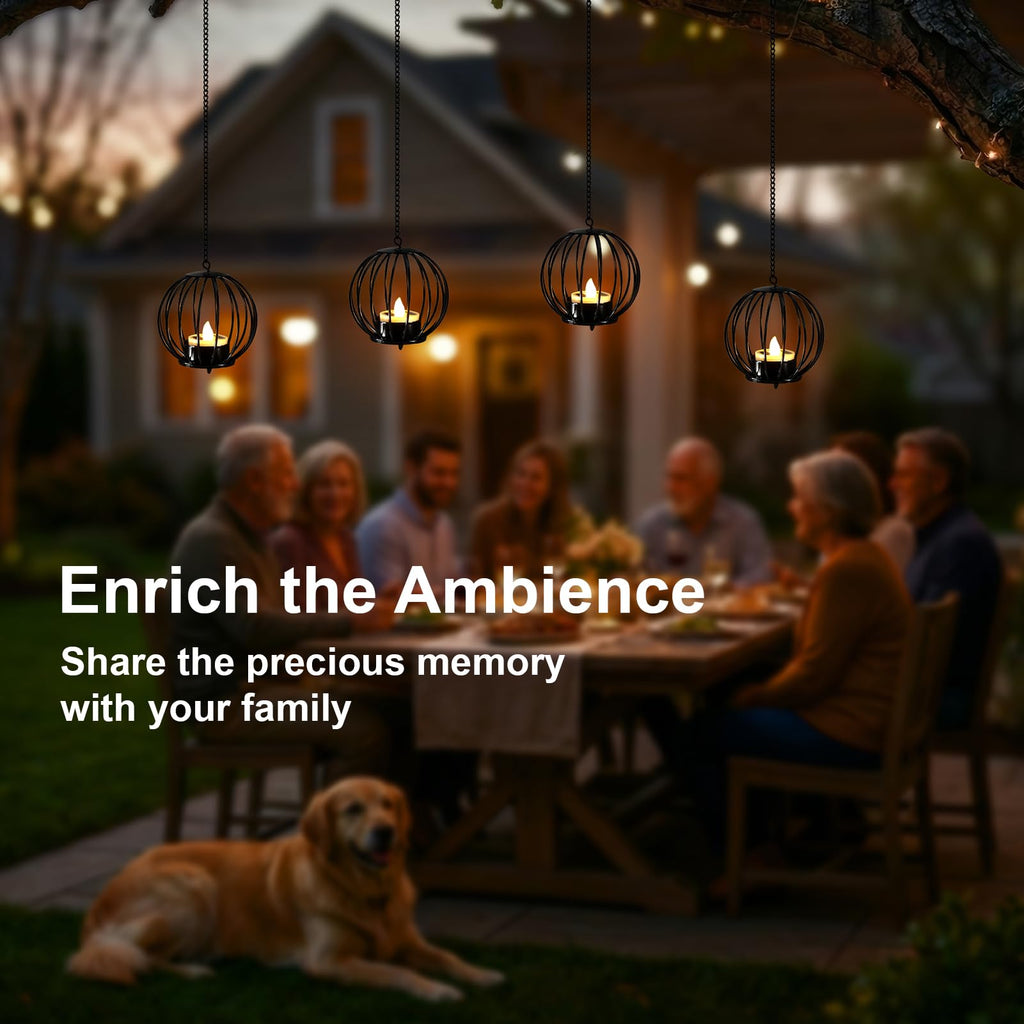 Edenseelake Solar Hanging Lanterns Outdoor Waterproof, Metal Ball Candle Holder with Flickering Solar Powered, Chargeable Solar Lights for Backyard Patio Garden Fence Tree Decoration, 4 Pack