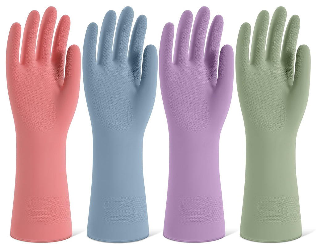 Rubber Cleaning Gloves for Dishwashing, 4 Pairs Reusable Kitchen Gloves for Washing Dishes and Household Cleaning, Colorful Dish Gloves with Flocked Lining and Non-Slip Grip, Pefect for Woman Men - S