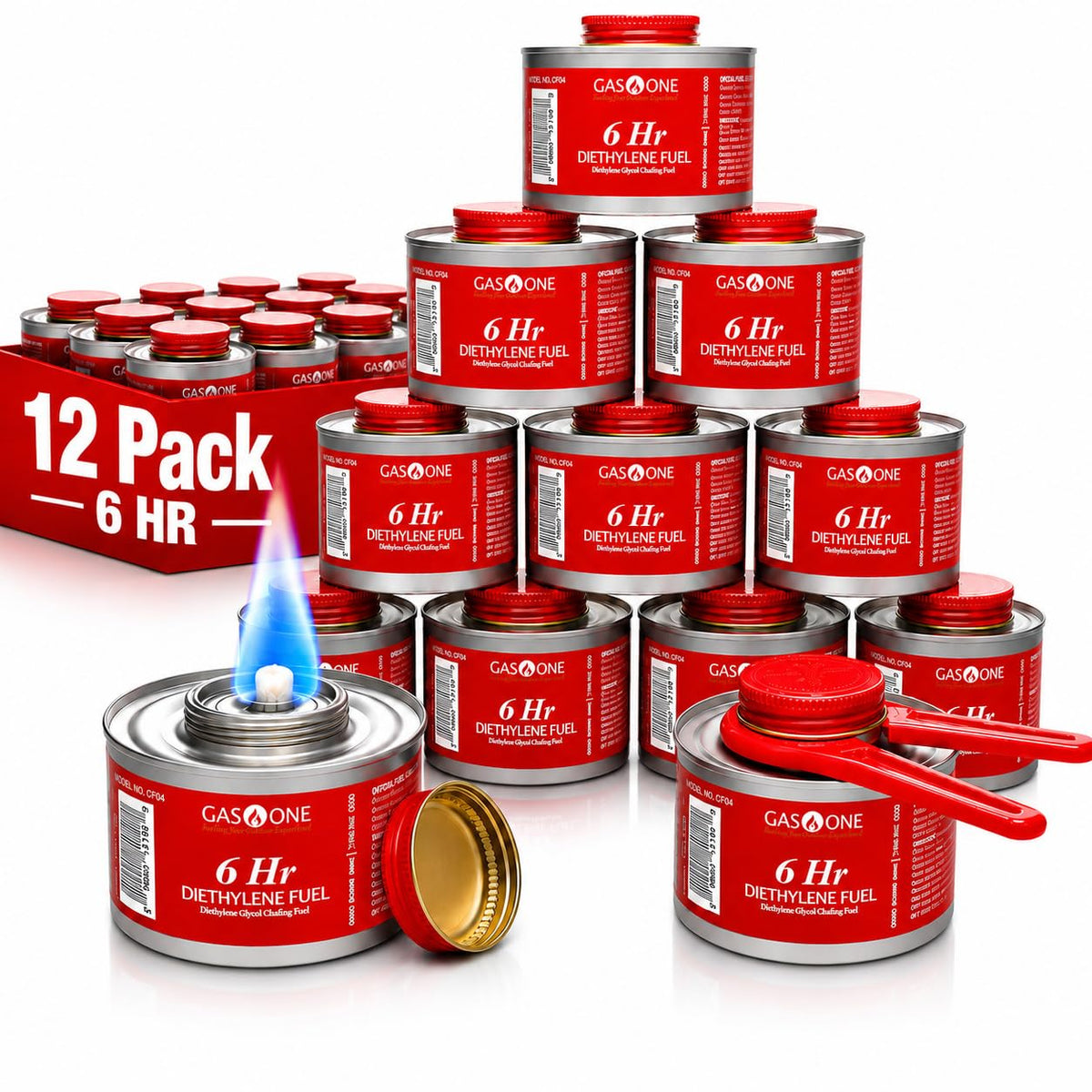 Gas One 12 Pack 6 Hour Chafing Fuel - Food Warmer for Chafing Dish Buffet Set - Reusable Liquid Safe Fuel With Wick & Lid Opener