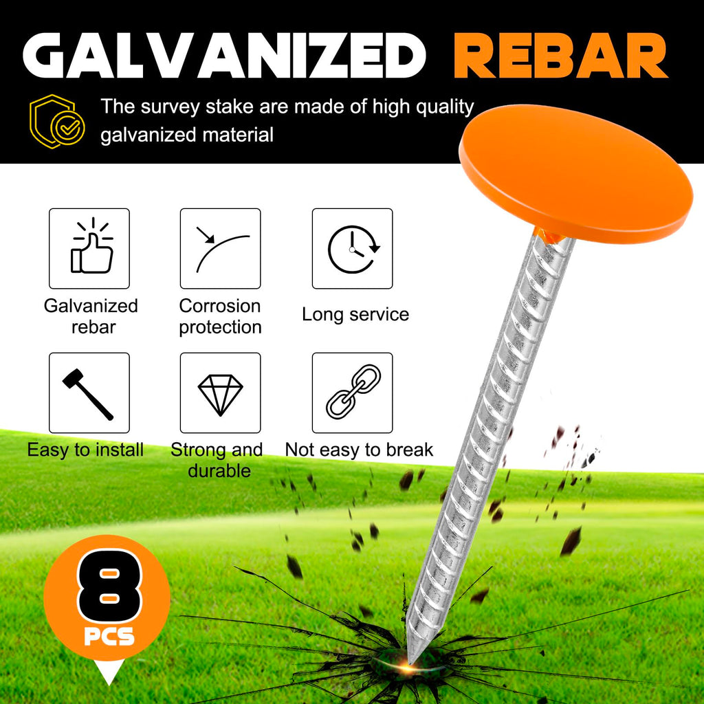 Silkfly 8 Pack,8 Inch Galvanized Rebar Survey Marker 0.75 LB,Orange