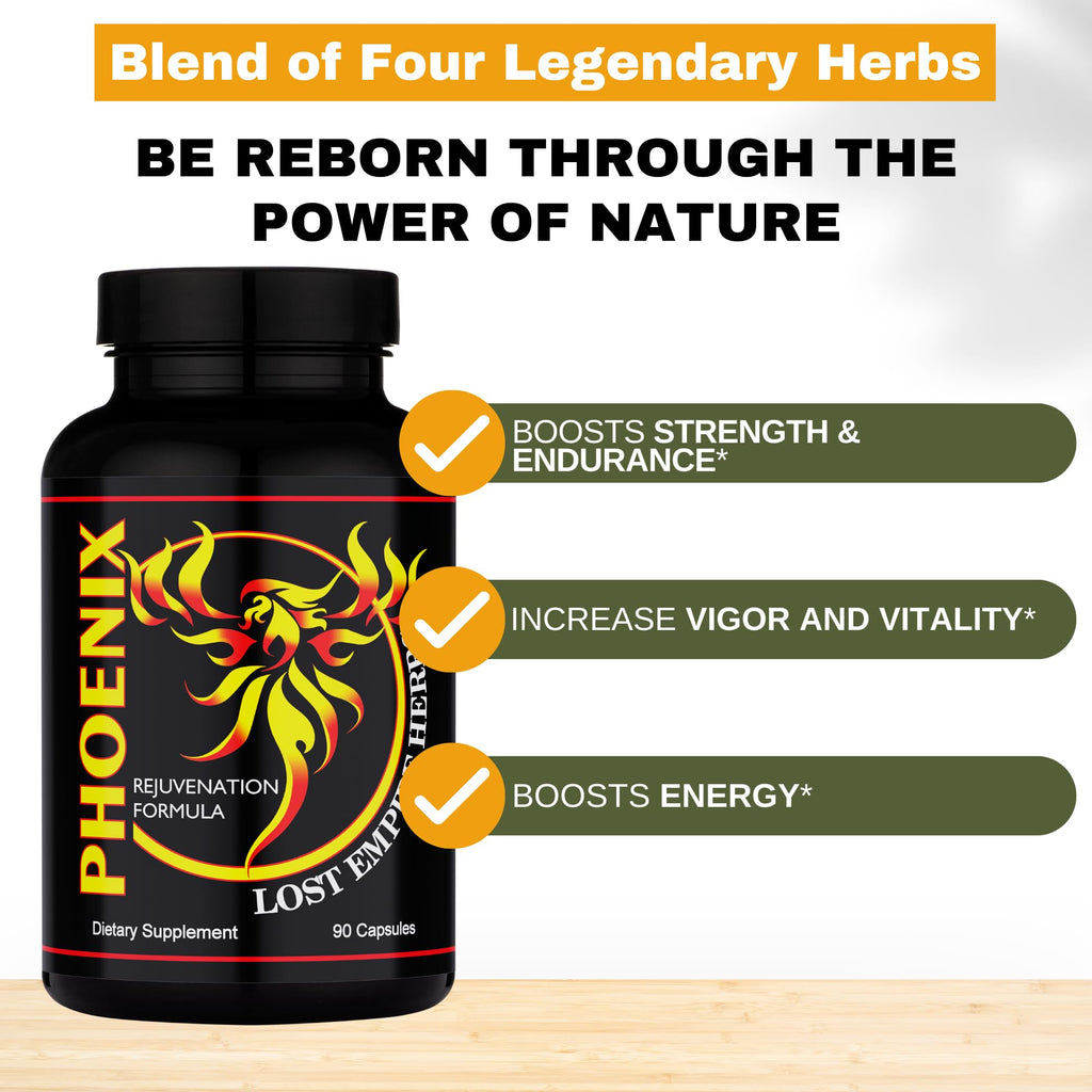 Lost Empire Herbs Phoenix Rejuvenation Formula Energy Blend of 4 Natural Health Herbs Pine Pollen, He Shou Wu, Ant, and Shilajit (90ct Capsules)