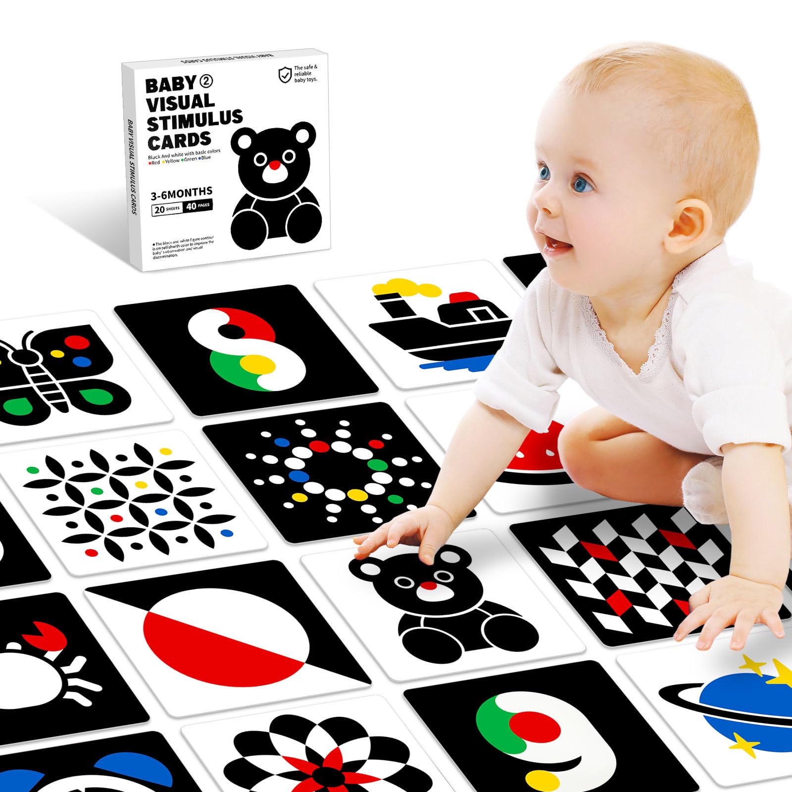 High Contrast Baby Flashcards, Black White Baby Cards with Red Yellow Blue Newborn Toys for Infants Visual Stimulation Brain Sensory Development 20 Pcs 40 Pages 5.7'' x 5.7''(3-6 Months)