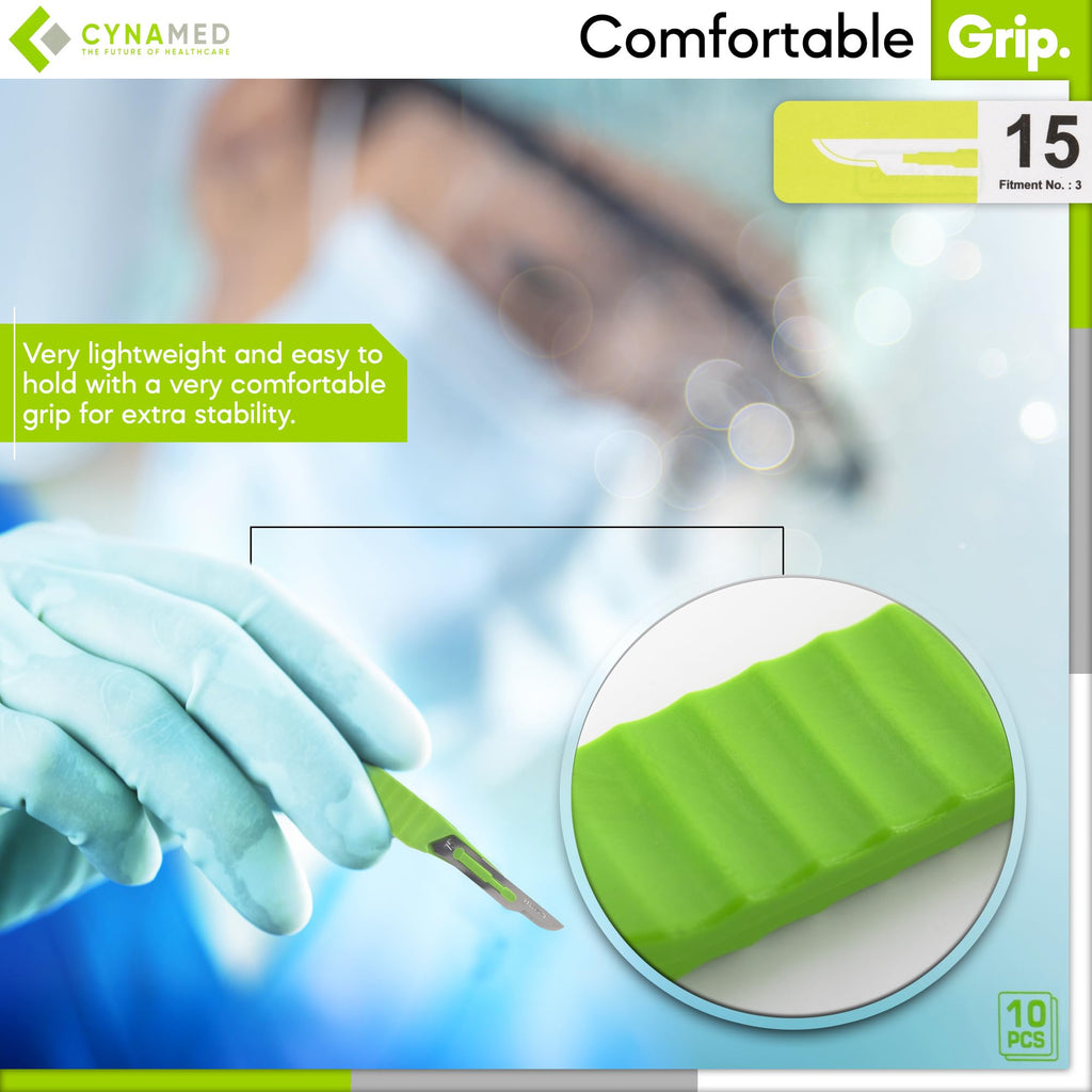 Cynamed Disposable Scalpel Blades| Sharp, Tempered Stainless-Steel Blades | Pack of 10 Sterile Scalpel Knives| Plastic Handle| Individual Pouches| for Dermaplaining, Crafts & More (No.15)
