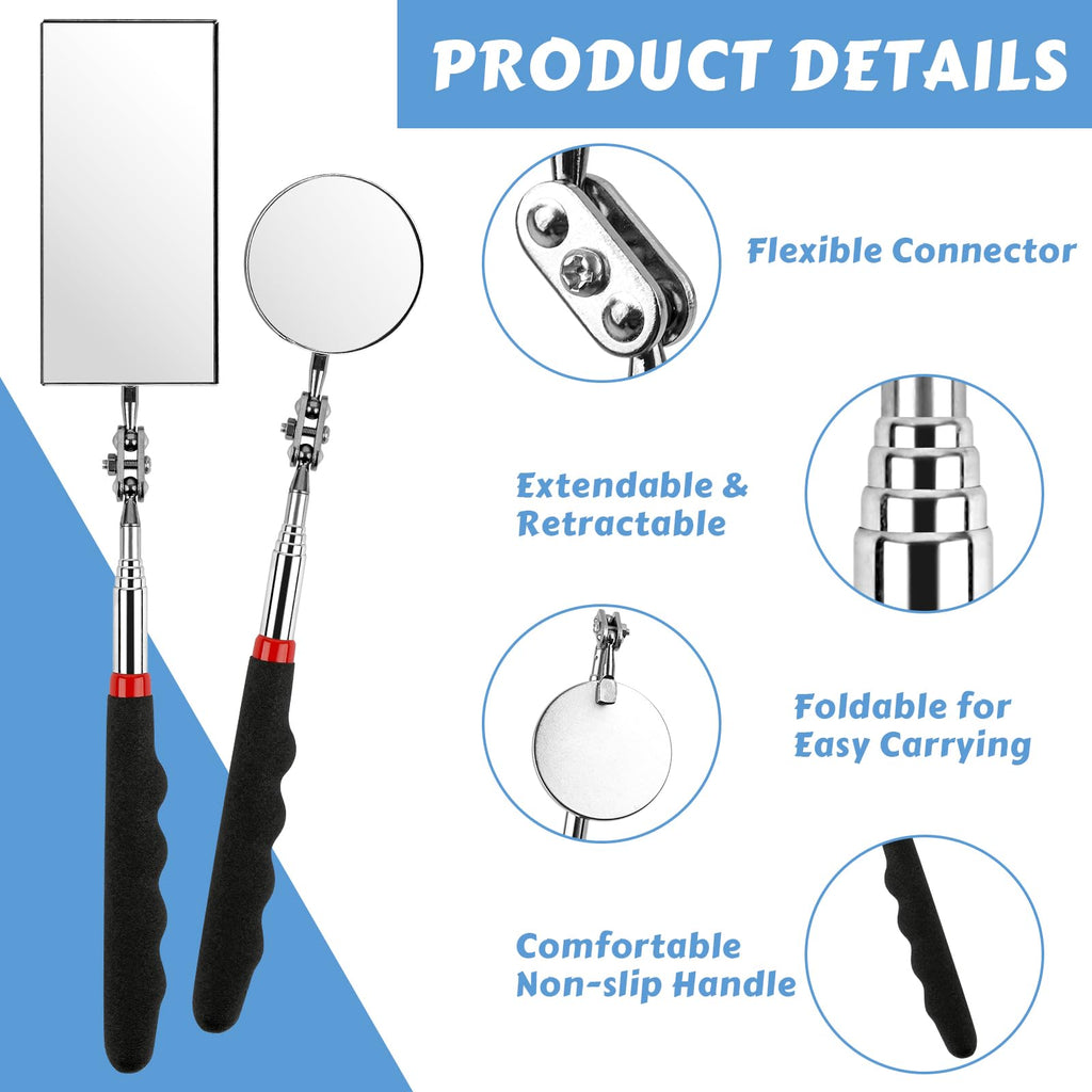 Telescoping Inspection Mirror, 2 Pack Round & Rectangular Mechanic Mirrors