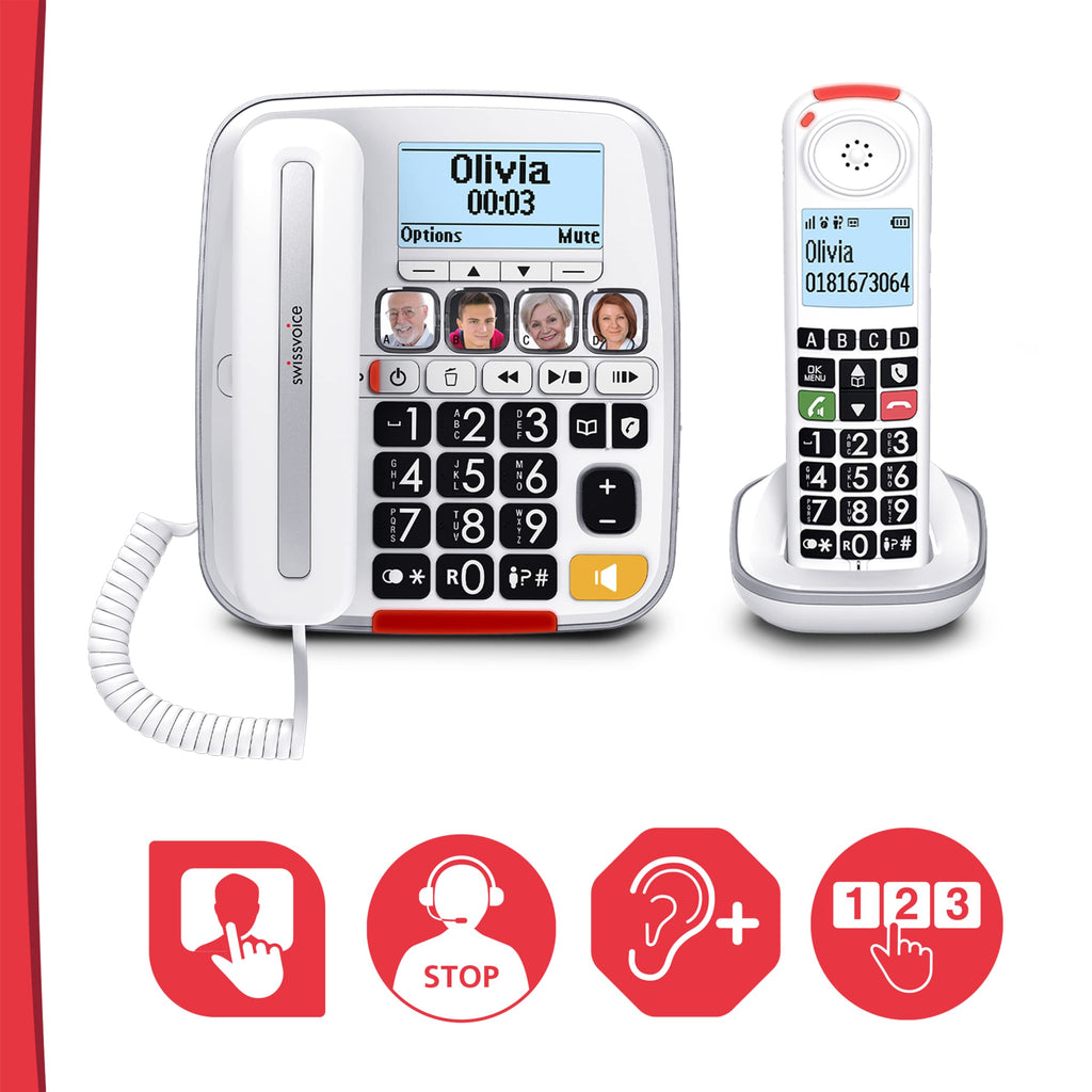 SWISSVOICE 3355 DECT 6.0 Corded Big Button Phone for Elderly with Answering Machine and Additional Cordless Handset - Loud Phones for Hard of Hearing - Hearing Aid Compatible Phones