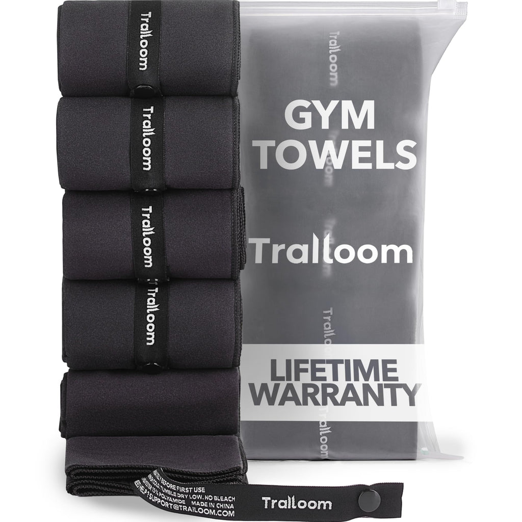 Trailoom Microfiber Workout Towels - Quick Dry, Highly Absorbing, Odor-Free, for Men & Women - Gym Sweat Sports Towel for Hot Yoga, Tennis, Running, Exercise, Working Out, Camping, Set of 5 Black