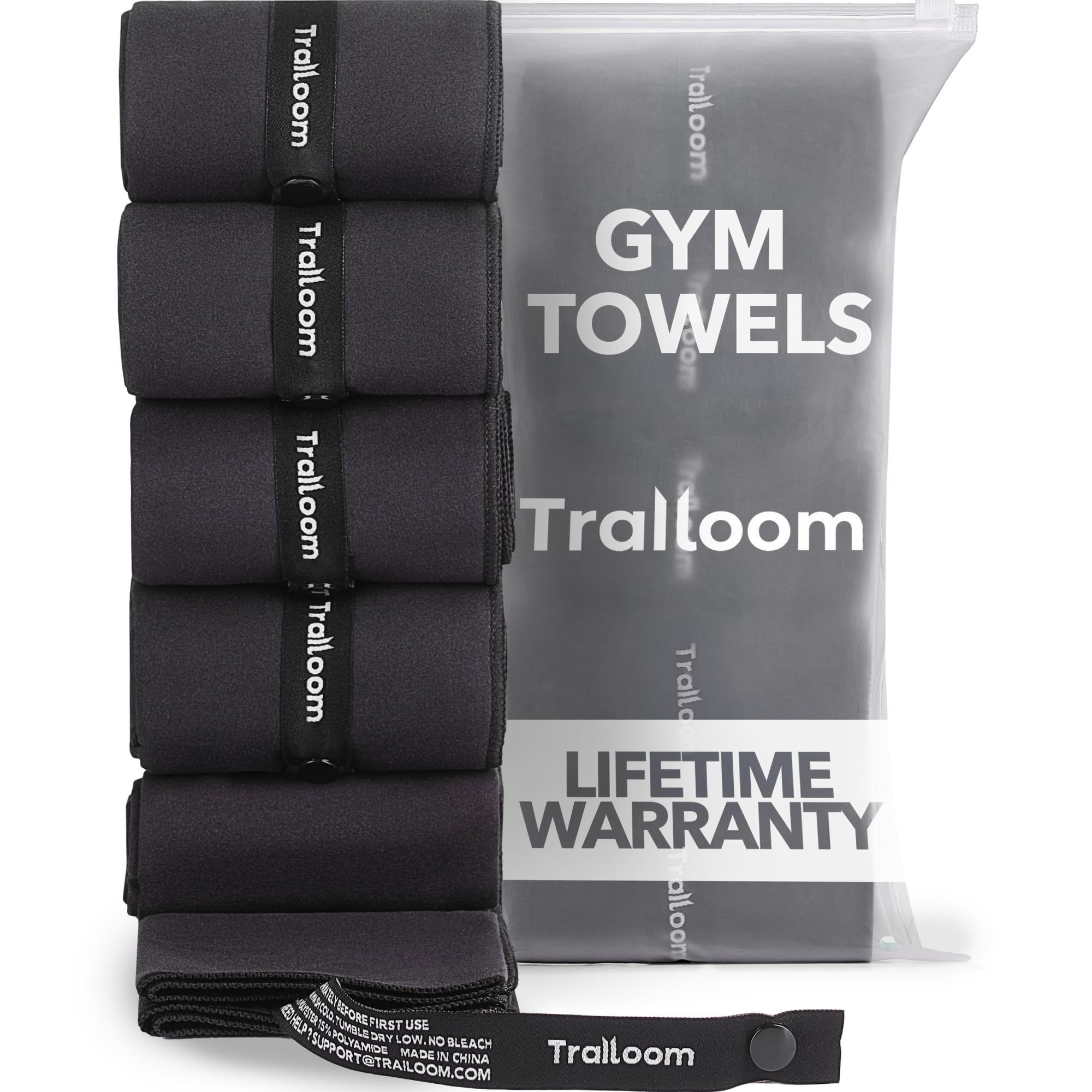 Trailoom Microfiber Workout Towels - Quick Dry, Highly Absorbing, Odor-Free, for Men & Women - Gym Sweat Sports Towel for Hot Yoga, Tennis, Running, Exercise, Working Out, Camping, Set of 5 Black