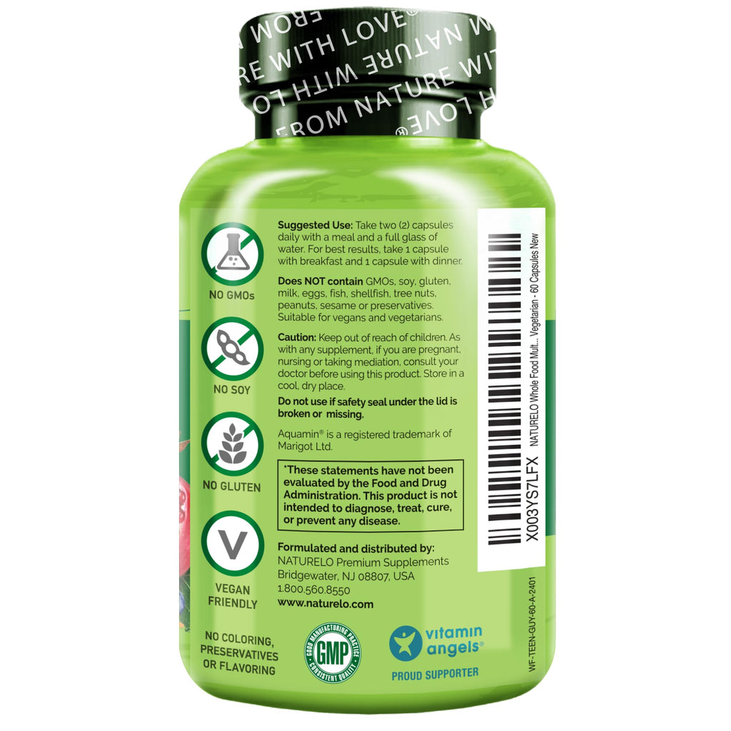 NATURELO Teen Multivitamin - Whole Food Multivitamin for Teenage Boys - Minerals Supplement for Active Kids - with Plant Extracts - Non-GMO - Vegan & Vegetarian - 60 Capsules (Pack of 2)