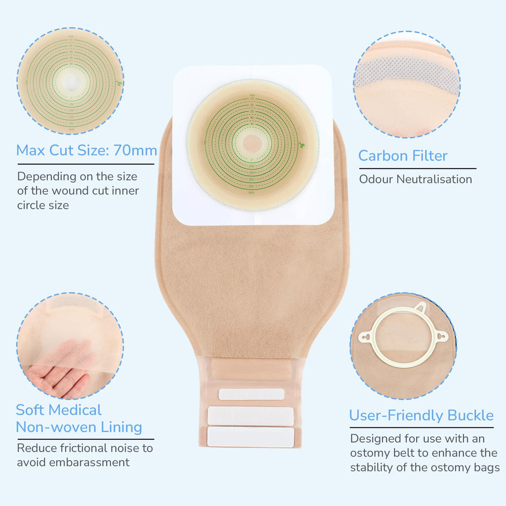 Heagimed 22pcs Ostomy Supplies Colostomy Bags, 2-Piece Colostomy Bags, Two-Piece Drainable Pouches with Closure for Ileostomy Stoma Care, Cut-to-Fit, 70mm Max (16 x Ostomy Bags+ 6 x Skin Barrier）