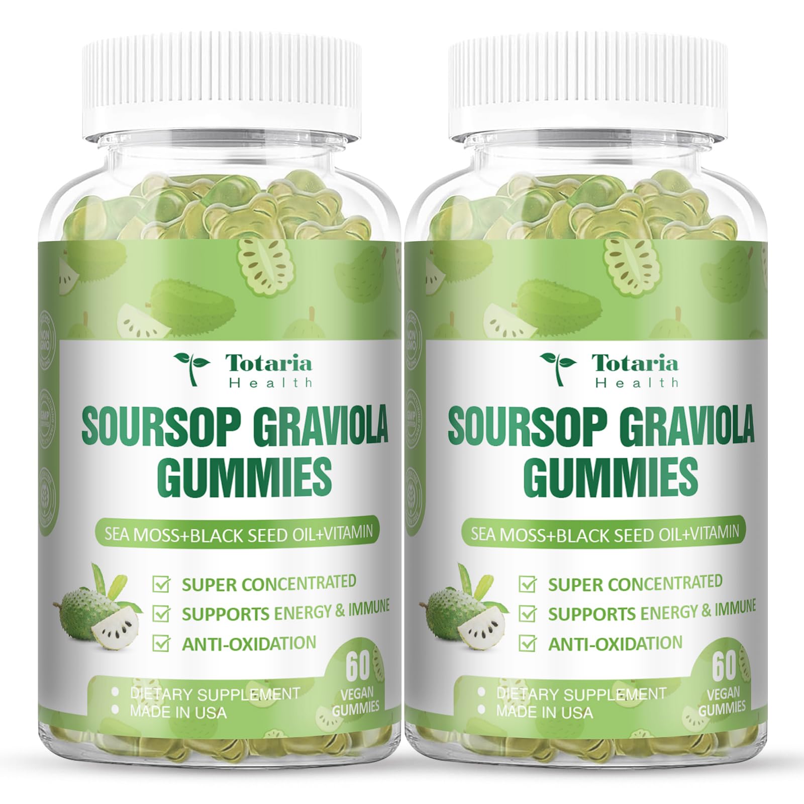 Totaria (2 Packs) Sugar Free Soursop Oil Graviola Sea Moss Gummies - Support Digestive Sleep Skin Health, Immunity & Antioxidant - Guanabana Fruit with Sea Moss, 150mg Black Seed Oil Non-GMO Vegan