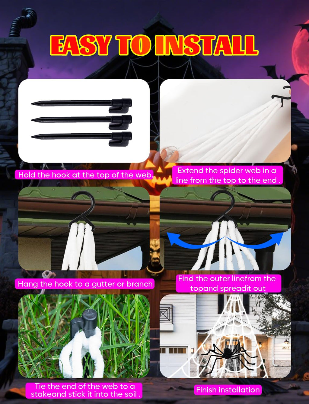 LCHUANG Spider Webs Halloween Decor Lights - 450 LEDs Outdoor Halloween String Lights with Light Up Spider,8 Modes Remote Control 16.4Ft Spiderweb,Waterproof (New Purple Grid Luminous Net)