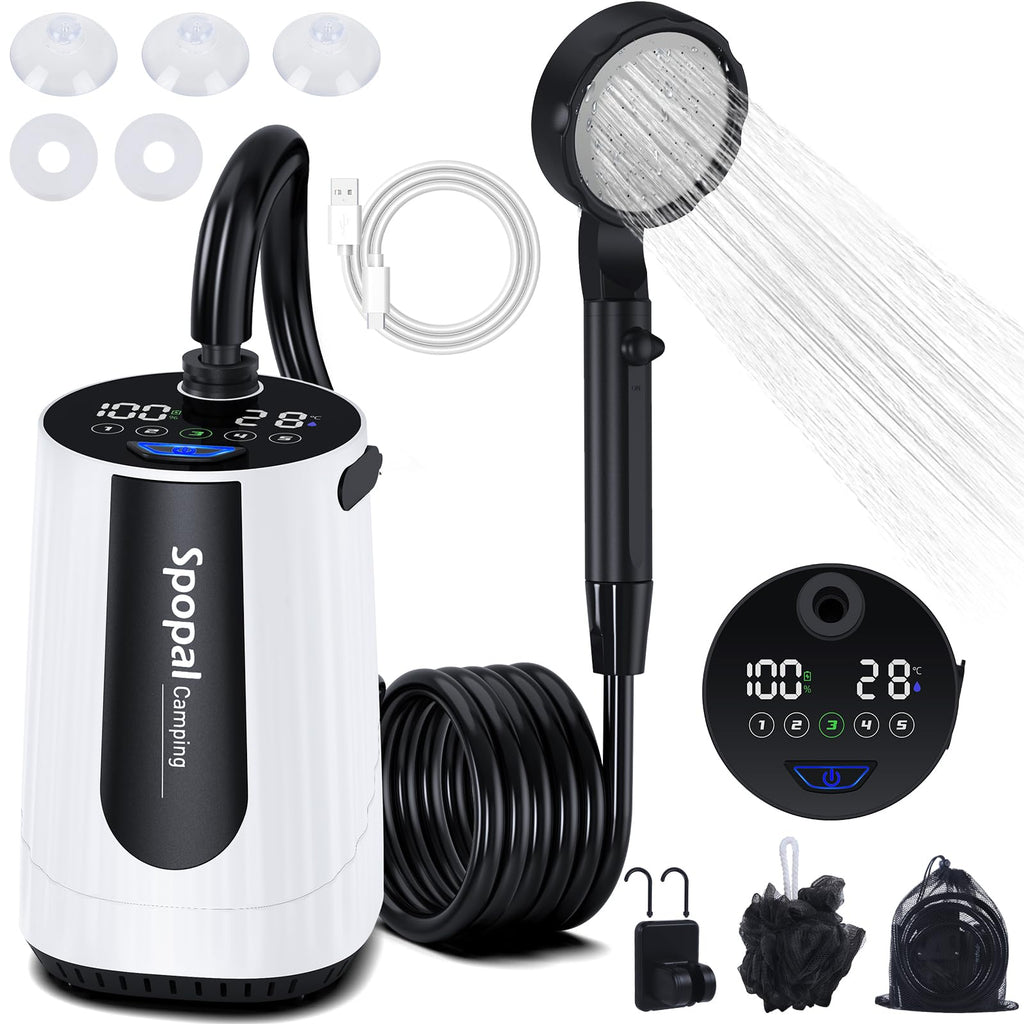 Spopal Portable Shower for Camping, [Upgraded] 10000mAh Rechargeable Camping Shower with 5 Adjustable Speeds,Premium LED Display, IPX8 Waterproof Outdoor Shower Kit for Hiking, Car, Pet, Travel (W)