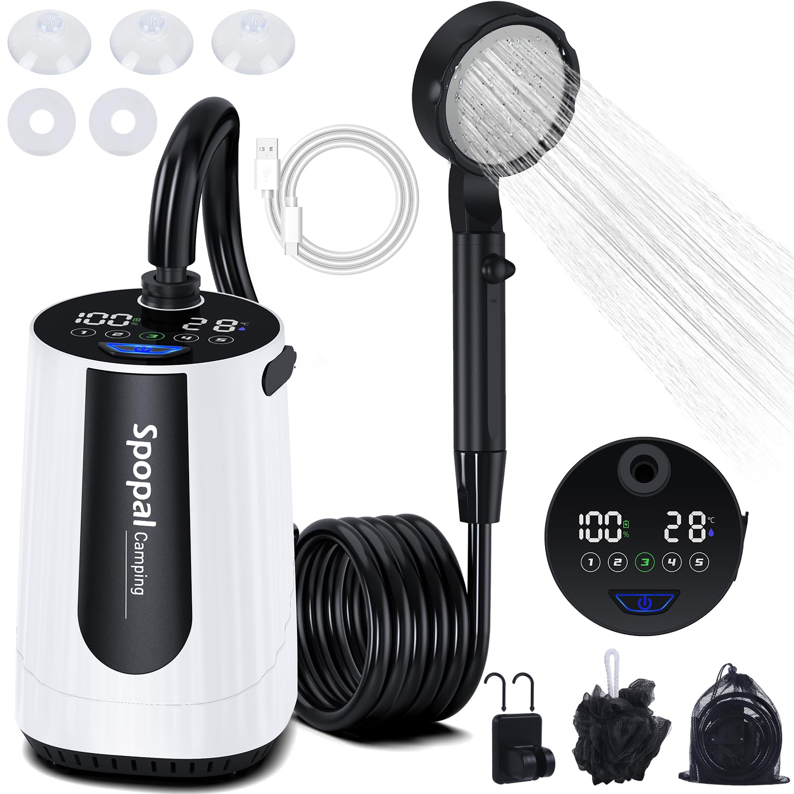 Spopal Portable Shower for Camping, [Upgraded] 10000mAh Rechargeable Camping Shower with 5 Adjustable Speeds,Premium LED Display, IPX8 Waterproof Outdoor Shower Kit for Hiking, Car, Pet, Travel (W)