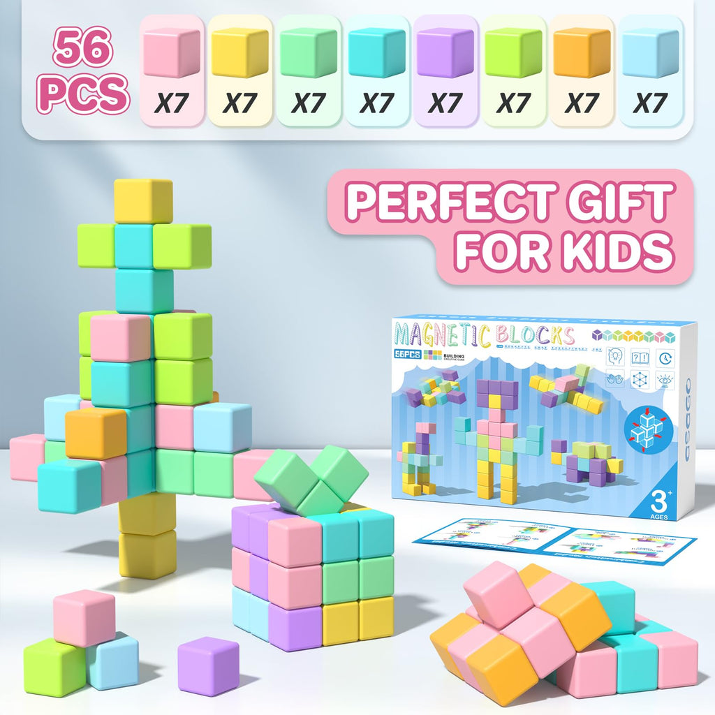 1.34 inch 56PCS Magnetic Blocks for Toddlers 4-8 Large Macaron Magnet Building Cubes for Kids Ages 3-5 Stem Preschool Stack Construction Educational Toys for 3+ Years Old Boys Girls