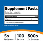 Nutricost L-Arginine Powder 500 Grams (1.1lbs) - Pure L-Arginine Powder - 5000mg Per Serving; 100 Servings