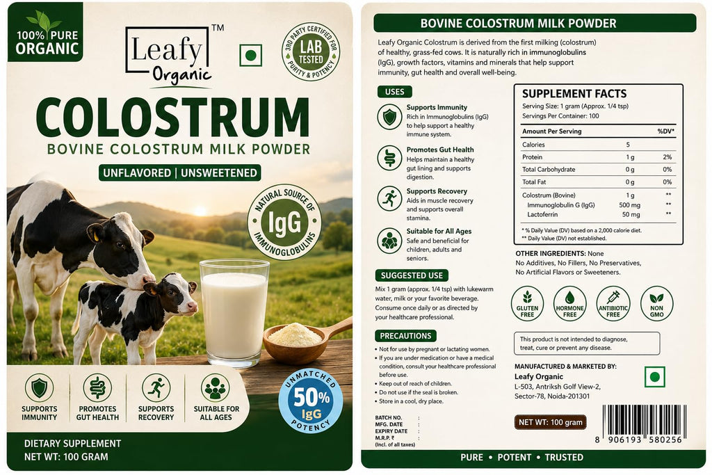 Leafy Organic Colostrum Powder Supplement for Gut Health, Immune Support, & Overall Wellness, 50% IgG, 6-Hour Colostrum Supplement, 100% Pure, Unflavored (100Gram) 3.5oz