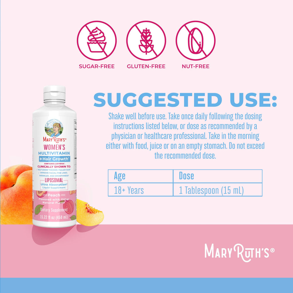MaryRuth Organics Women's Multivitamin + Lustriva Hair Growth Liposomal | Biotin 10000mcg | Clinically Tested for Thicker, Fuller Hair, Improved Facial Fine Lines & Wrinkles | Ages 18+ | 15.22 Fl Oz