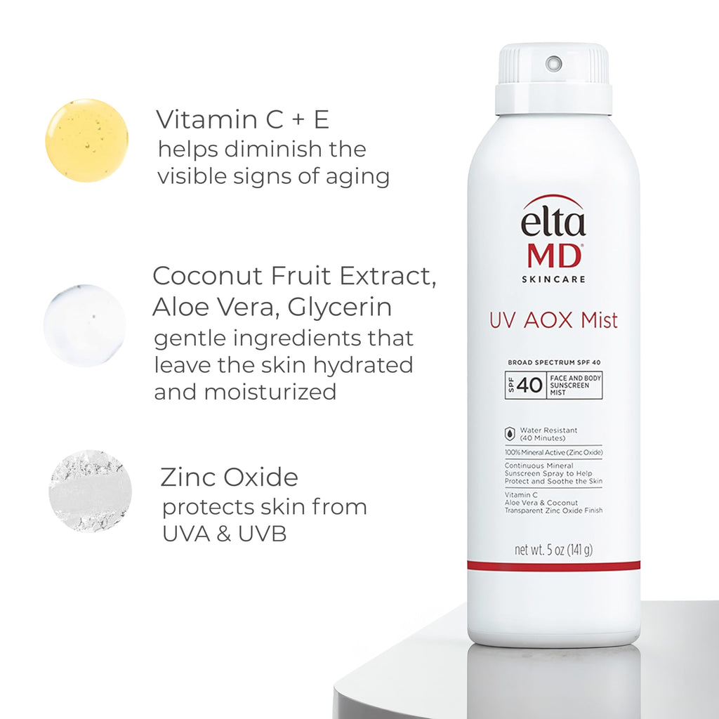 EltaMD UV AOX Mist Mineral Sunscreen Spray SPF 40, Broad Spectrum Face and Body Sunscreen with Zinc Oxide, 100% Mineral Active, Hydration Boost with Antioxidants, Moisturizer with SPF 40, 5 oz