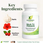 Manteniendo Tu Salud Baja Tu Presion Hawthorn Extract, Herbal Supplement, Garlic Extract, 90 Capsules