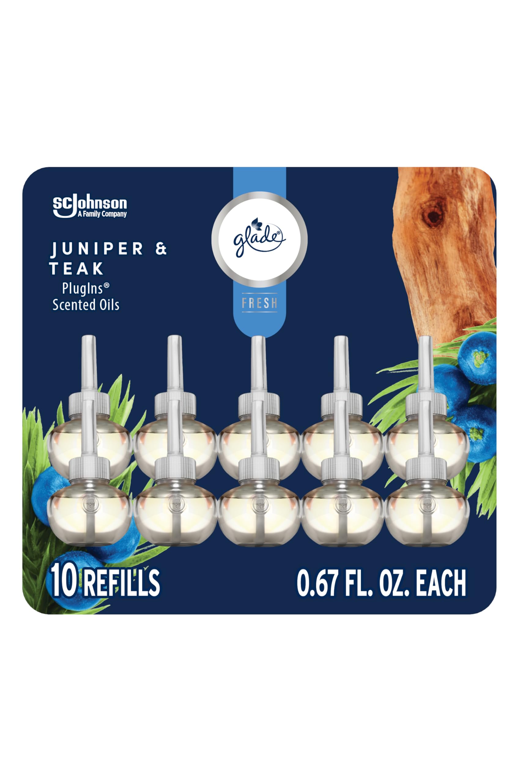Glade PlugIns Refills Air Freshener, Juniper & Teak, Scented and Essential Oils for Home and Bathroom, 0.67 Fl Oz, 10 Count