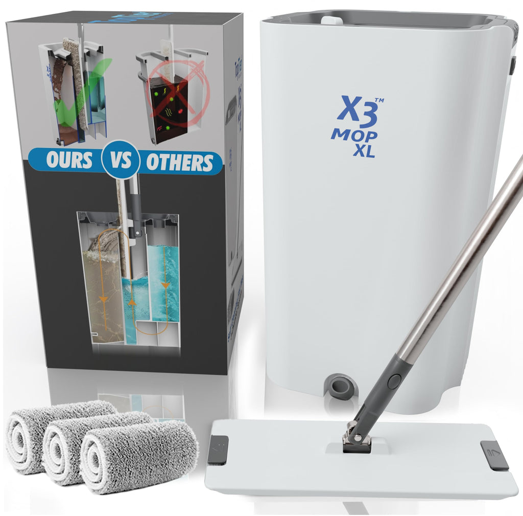 X3 Mop XL, Separates Dirty and Clean Water, 3-Chamber Design, Flat Mop and Bucket Set, Hands Free Home Floor Cleaning, 3 Reusable Microfiber Mop Pads Included (XL X3 Mop)
