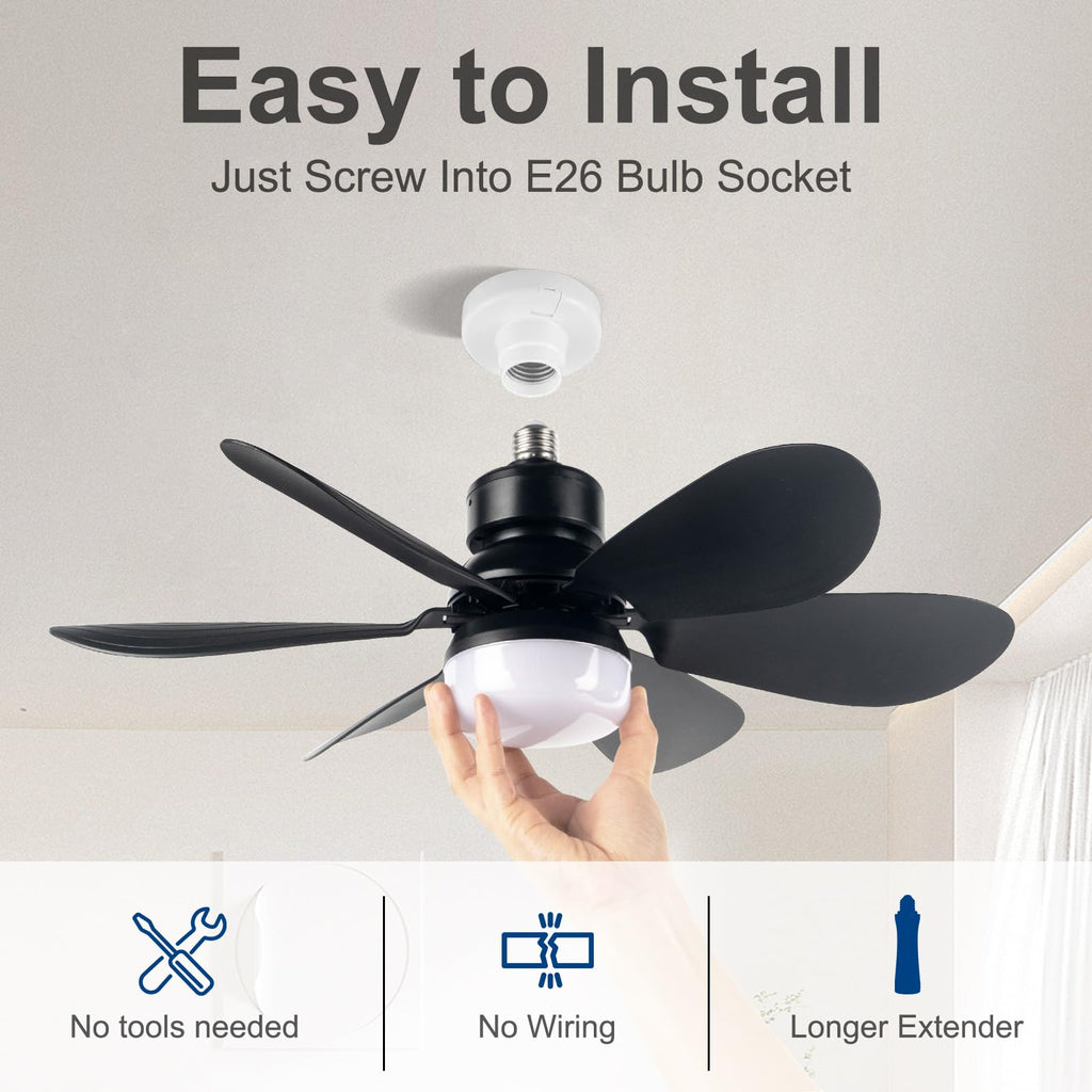We Charger Socket Fan Light, Light Bulbfan with Remote Dimmable, 20.5IN for Garage Kitchen Balcony Living Tools Store Laundry Room (Black)