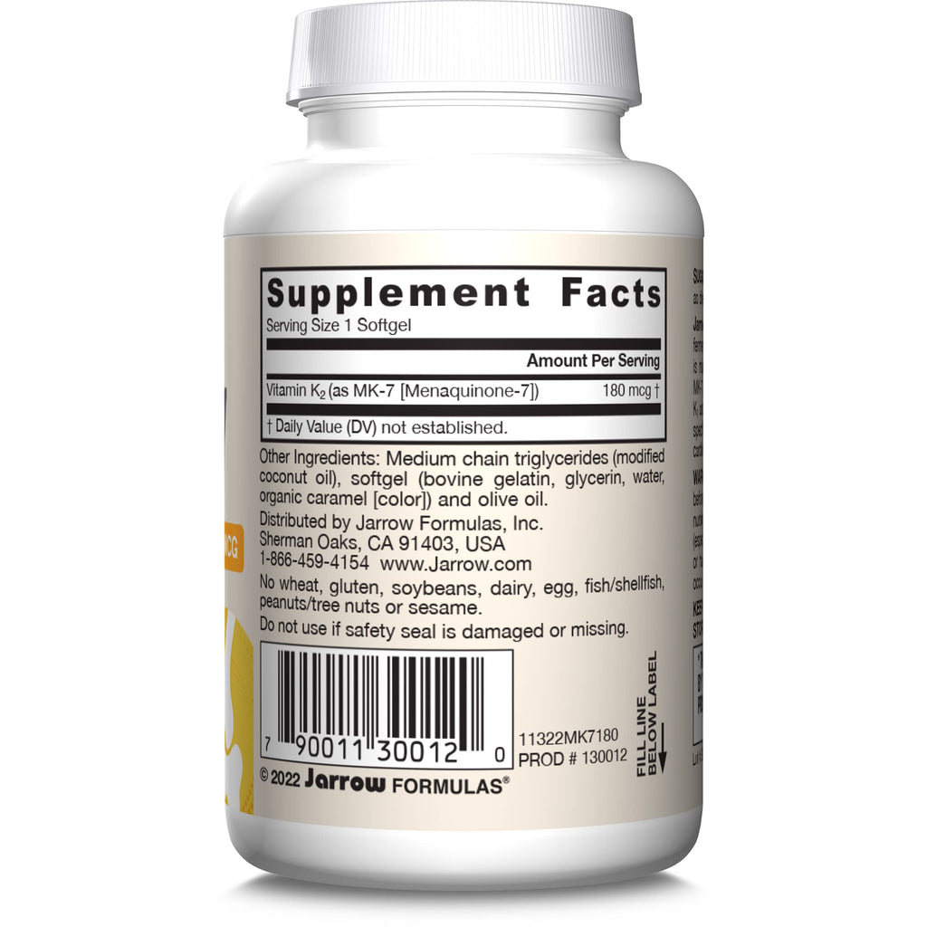 Jarrow Formulas MK-7 180 mcg - Bioactive Form of Vitamin K2-30 Servings (Softgels) - for Bone & Cardiovascular Health - Vitamin K2 MK-7 Dietary Supplement - Gluten Free