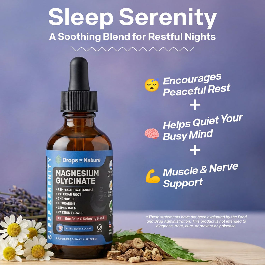 Magnesium Glycinate & Ashwagandha Liquid Drops with Valerian Root, Chamomile, Passion Flower, Lemon Balm & L-Theanine - Vegan Fast Absorption - Supplement for Wellness & Relaxation (Mixed Berry, 60mL)
