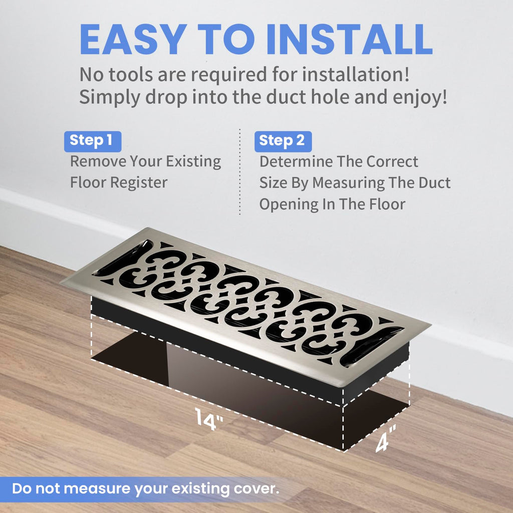 Howeall 4x14 Inches Heavy Duty Walkable Floor Register Easy Adjust Air Supply Lever Floor Vents - Charlotte Design - Vent Cover for Home Floor - Satin Nickel
