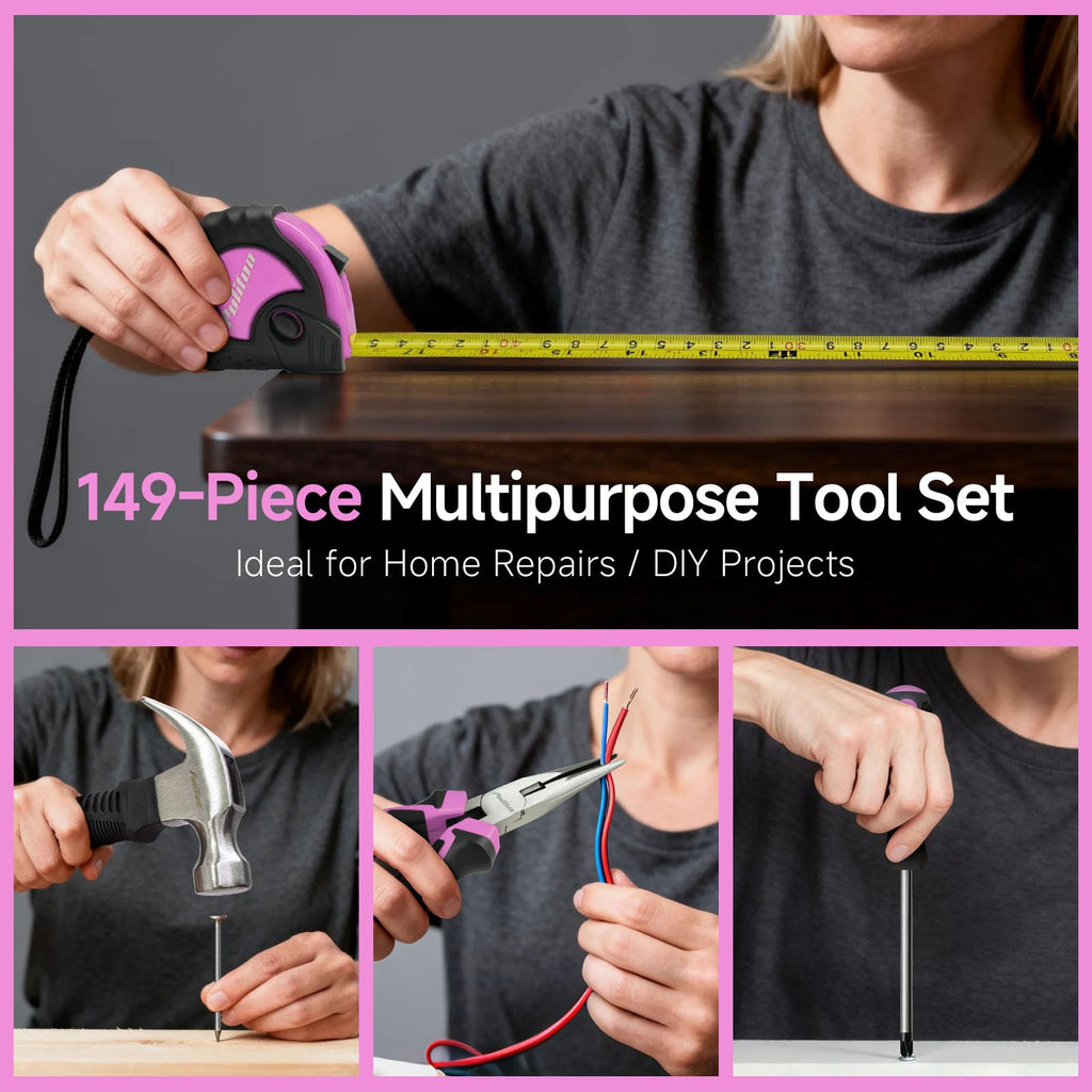 PULITUO Drill Set, 149-Piece Home Tool Set with 12V Pink Cordless Drill, Tool Box, Hand Tool Kits for Women & Men and DIY Enthusiasts, for Home Improvement