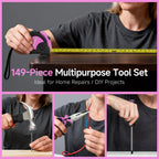 PULITUO Drill Set, 149-Piece Home Tool Set with 12V Pink Cordless Drill, Tool Box, Hand Tool Kits for Women & Men and DIY Enthusiasts, for Home Improvement