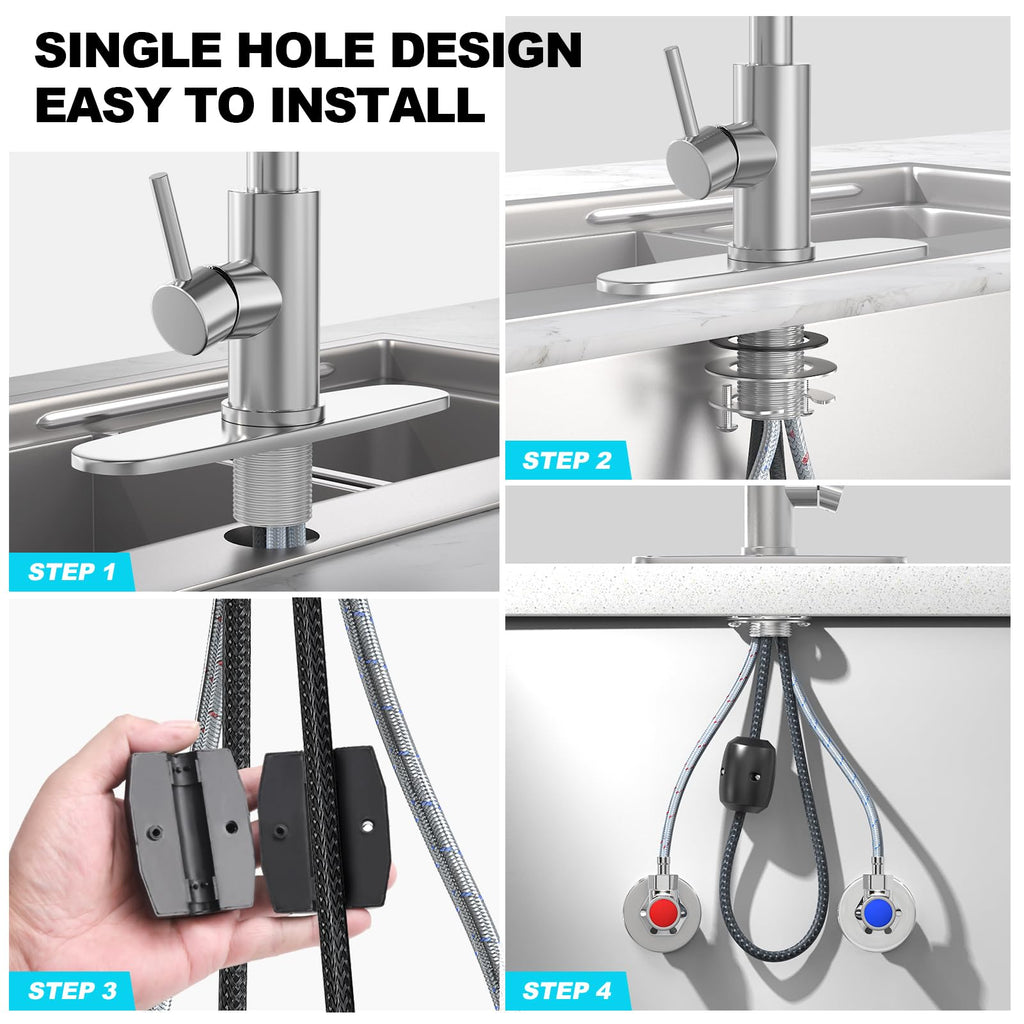 AVSIILE Brushed Nickel Kitchen Faucets with Pull Down Sprayer & Soap Dispenser, Single Hole & Handle, Pull Out Tap, Waterfall Stainless Steel Sink Faucet for Farmhouse Camper Laundry Rv Bar