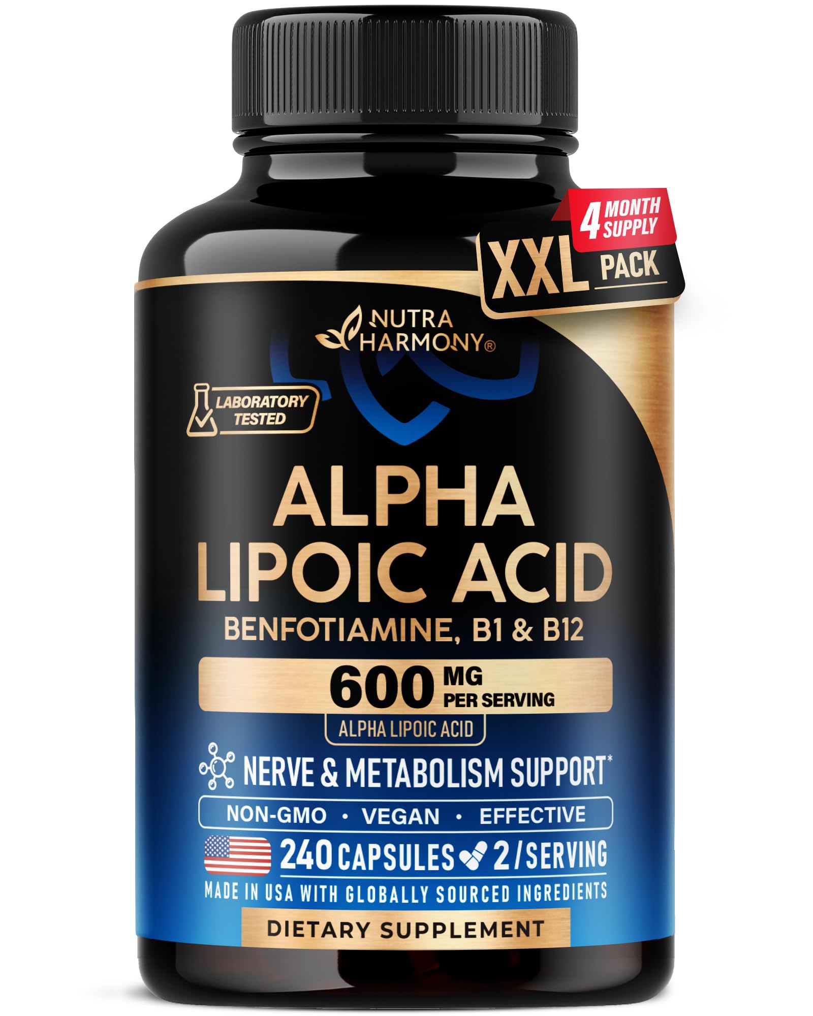 Alpha Lipoic Acid 600mg - ALA Supplement Antioxidant for Nerve, Energy & Metabolism Support - Extra Strength with Benfotiamine, B1 & B12 - Lab Tested, NON-GMO & Vegan - 240 Capsules, 4 Month Supply