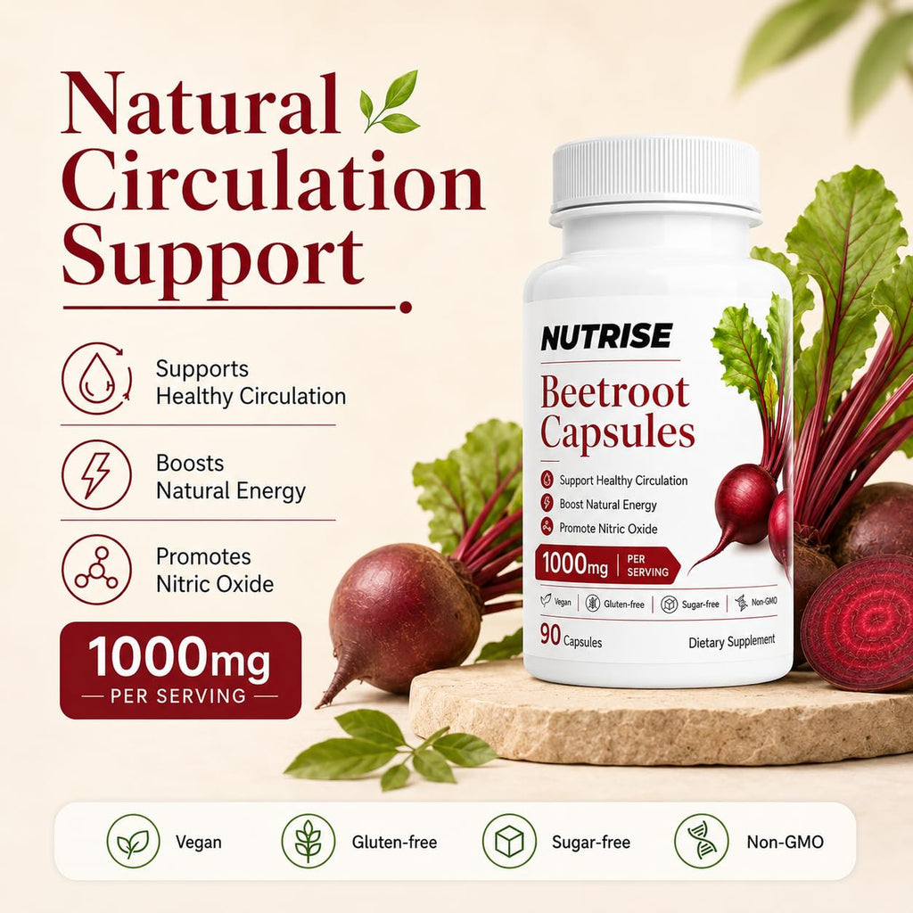 QNJIX Nutrise Beetroot Capsules - 1000mg, Beetroot Circulation Supplement with Grape Seed Extract, 3-in-1 Formula, Boost Energy, Improve Mental Clarity, Non-GMO & Gluten Free, 90 Capsules (1)