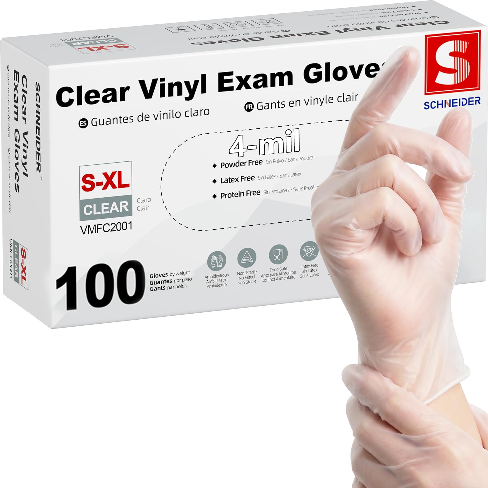 Schneider Clear Vinyl Exam Gloves, 4-mil, Large 50-ct Box, Latex-Free, Disposable Gloves, Medical Gloves, Cleaning Gloves, Food Prep Gloves, Food Safe Rubber Gloves, Powder-Free, Non-Sterile
