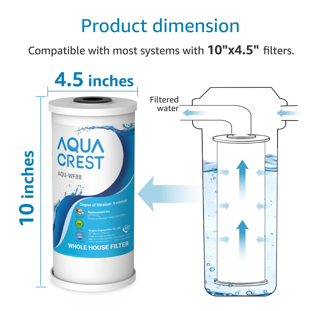 AQUA CREST FXHTC Whole House Water Filter, Well Water Filter Replacement for GE® FXHTC, GXWH40L, American Plumber W10-PR, Culligan® RFC-BBSA, W10-BC, Carbon Filters, 5 Micron, Pack of 4