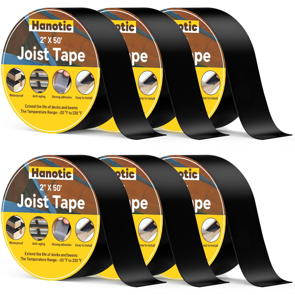 Hanotic Joist Tape for Decking 2'' X 50', 6 Rolls Weather Resistance Butyl Tape, Waterproof and Anti-Corrosion, Self-Adhesive for Wood Joists Decks Beams Roof Extend Deck Life