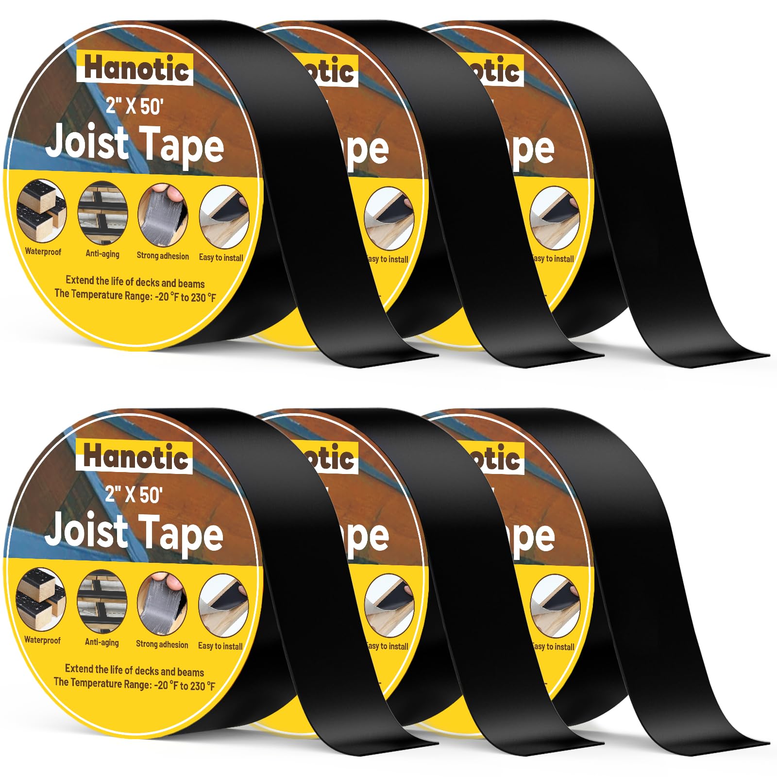 Hanotic Joist Tape for Decking 2'' X 50', 6 Rolls Weather Resistance Butyl Tape, Waterproof and Anti-Corrosion, Self-Adhesive for Wood Joists Decks Beams Roof Extend Deck Life