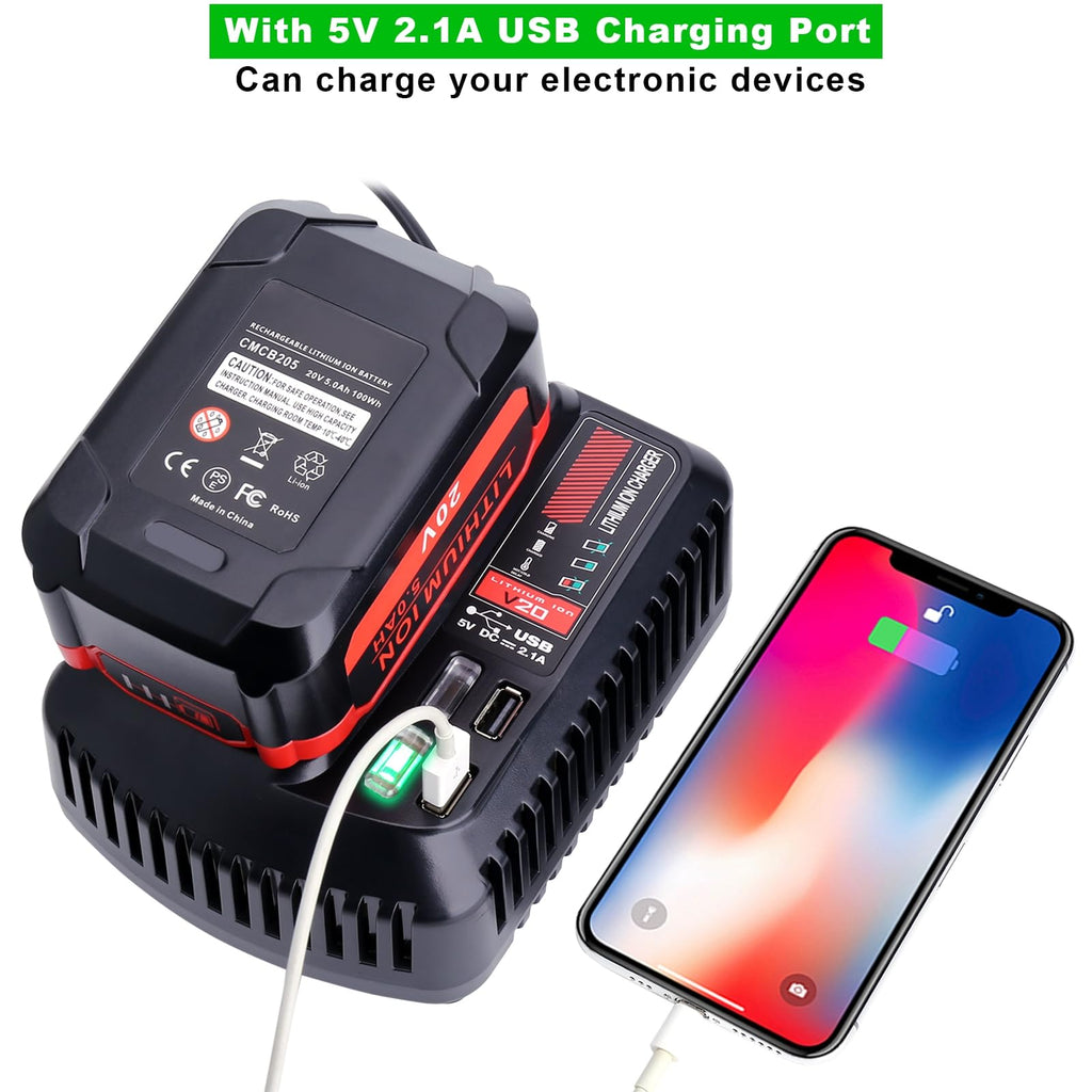 V20 Battery Fast Charger CMCB104 Replacement for Craftsman V20 20V max Lithium Battery Charger for CMCB201 CMCB202 CMCB204 CMCB205 CMCB206, with 2 USB Ports