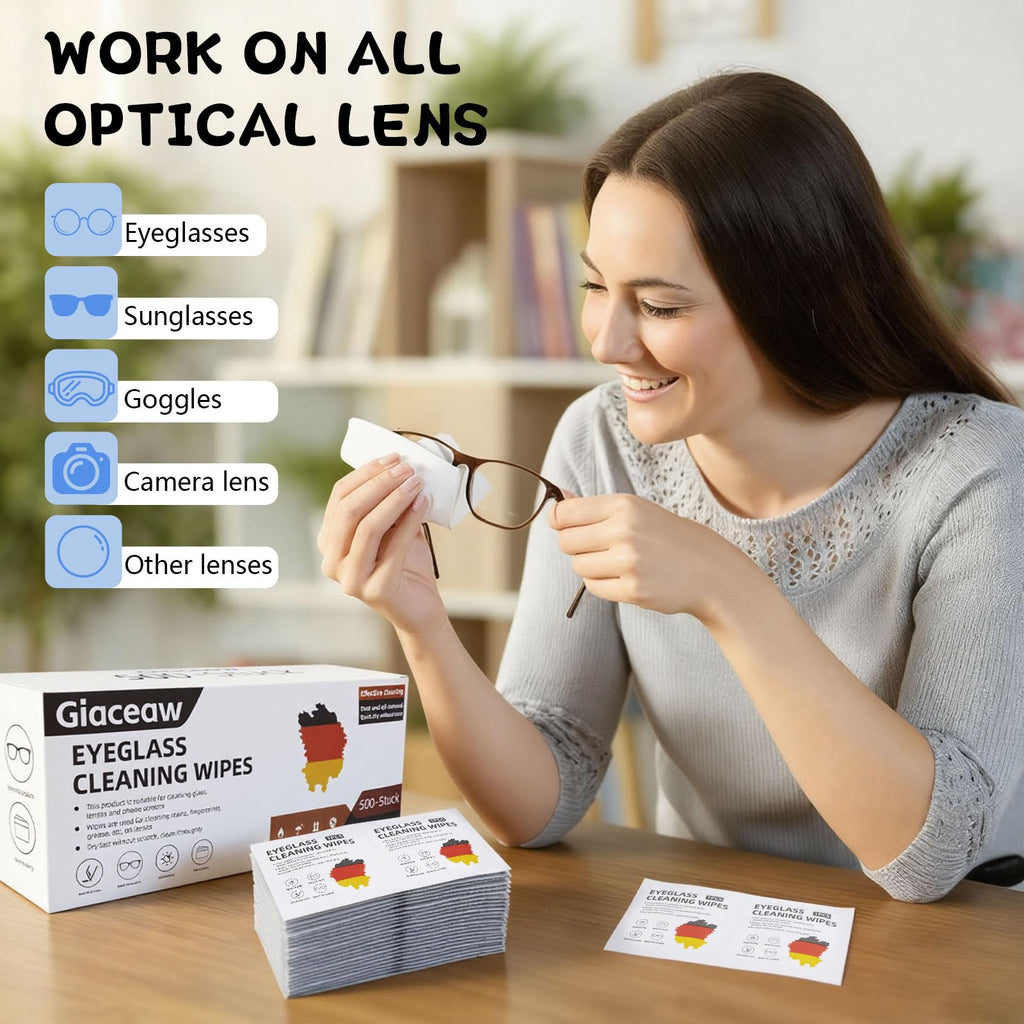 Lens Wipes for Eyeglasses (500 Count), Pre-moistened Cleaning Wipes, Non-Scratching and Streak-Free, Individually Packaged, Suitable for Cleaning Camera Lenses, Sunglasses, and Optical Equipment